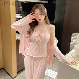 Sexy Pyjamas Sexy Modal 3Pcs Sleep Suit Solid Colour Cami Pyjamas Women Spring Nightwear Ruffles Sleepwear Cardigan Pyjamas Loungewear 24318