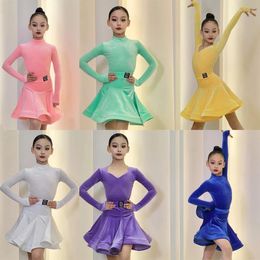 Stage Wear Fashion Long Sleeved Latin Dance Performance Dress Girls Velvet Ballroom Professional Costumes Dancing SL9717