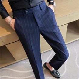 Mens Striped Suit Pants Elastic 2024 Autumn New Social Casual Trousers Slim Fit Suit Pants Business Office Wedding Men Clothing 240318