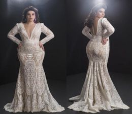 2020 Plus Size Mermaid Wedding Dresses V Neck Appliqued Beaded Long Sleeves Bridal Gowns Sheer Back Ruffle Sweep Train Vestidos De5551646