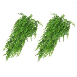 Decorative Flowers 2Pcs Artificial Hanging Plants Greenery Indoor Outdoor For Room Garden Wedding Wall Decor ( Green )