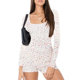 Xingqing Romper Playsuit Women Sweet Aesthetic Fairycore Floral Print Square Neck Long Sleeve Shorts Jumpsuit 2000s Streetwear 240311