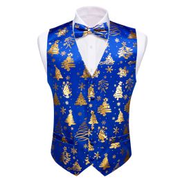 Vests Christmas Mens Vest Silk Blue Gold White Green Red Snowflake Gift XmasTrees Santa Claus Waistcoat Bowtie Set Festival Barry