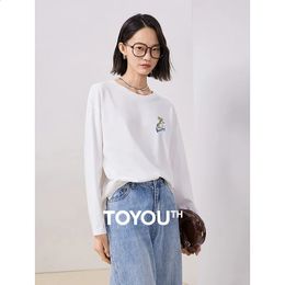 Toyouth Women Tees Autumn Long Sleeve Round Neck Loose T-shirt Cute Rabbit Print 100% Cotton Casual All Match Basic Tops 240311
