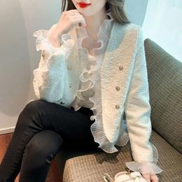 Women's Jackets Korean Fashion Elegant Tweed Jacket Autumn Winter Small Fragrance Coat Women French Vintage Ruffles Slim Coats Outwear Tops