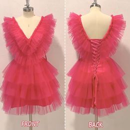 Short Tulle Tiered Deep V-Neck Homecoming Dresses Ruffles Ball Gown Lace-up Graduation Dresse Party Prom Formal Gown Hc09