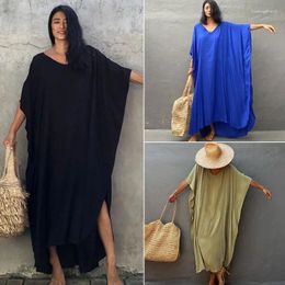 Beach Cover Ups For Swimwear Women Kaftans Tunic Solid Summer Maxi Dresses Batwing Sleeve Beachwear Outfits Drop