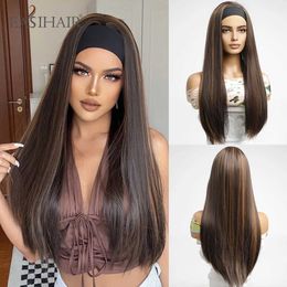 Synthetic Wigs EASIHAIR Long Straight Headband Synthetic Wigs Black with Brown Highlight Headband Wig Heat Resistant Daily Fake Hair for Women 240328 240327