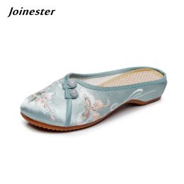Boots Ethnic Embroidered Satin Slippers for Women Summer Vintage Slides Ladies Dress Shoes Female Closed Toe Backless Sandals