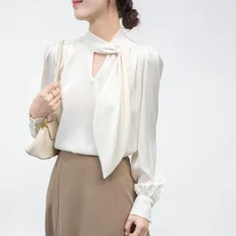 Women's Blouses Elegant Satin Shirts Casual Bow-Tie Fashion Woman White 2024 Long Sleeve Tops Shirt & Blouse Blusa Mujer