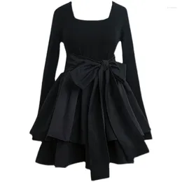 Casual Dresses Korean Fashion Black Mini Dress A-Line High Waist Skirt Long Sleeve Knitwear Bow Belt Slim Girls Club Wear