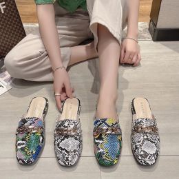 Slippers Women Summer New Baotou Half Slippers Sexy Snake Pattern Square Low Heels Shoes Female Casual Metal Decoration Mules Slippers