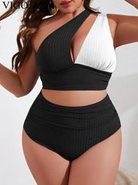 Women's Swimwear VigoJany 2024 Solid Patchwork 2 Piece Plus Size Bikini Women One Shoulder Push UP Large Swimsuit Backless Chubby Bathing