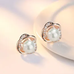 Stud Earrings Pearl Zircon Geometric Twist For Women 925 Sterling Silver Jewelry Pendientes Statement