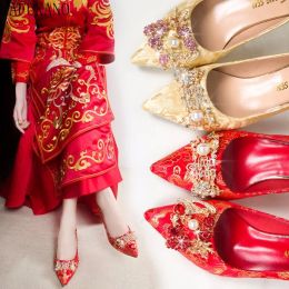 Boots Chinese Wedding Shoes Red Female 2023 New Thick Heel Rhinestone Bridal Shoes Xiuhe Clothing High Heels Shoes Women Pumps