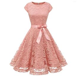 Casual Dresses Women's Vintage Pink Lace Flower Evening Prom Dress Elegant Hollow Short Sleeve For Wedding Party Robe De Cocktail