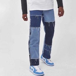 Calças de brim dos homens lavagem splice casual em linha reta borla retalhos calças masculinas moda streetwear solto hip hop denim calças de comprimento total