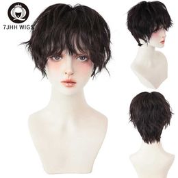 Synthetic Wigs 7JHH WIGS Short Bob Black Wigs For Women Curly Crochet Male Hair With Bang Synthetic Heat Resistant Brown Daily Wear Wig 240328 240327