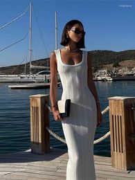 Casual Dresses Ribbed Knitted Square Collar Sleeveless Dress For Women Sexy Beach Holiday Female 2024 Summer Hip Package Party Robe