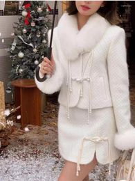 Work Dresses Women's Chinese Style Skirt Suit White Fur Collar Cuffs Crop Tops Knot Decoration Split Mini Skirts Female 2-piece Set