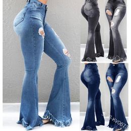 Women's Jeans Women Flare Full Length Denim Capris Pants Pocket Holes Bell Bottom Trousers Boot Cut Ruffle