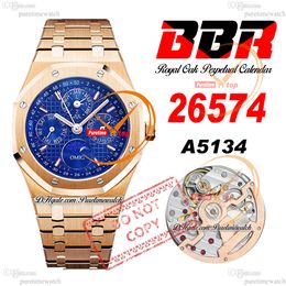 26574 Complicated A5134 Automatic Mens Watch BBRF 41mm Rose Gold Perpetual Calendar Blue Dial Stainless Steel Bracelet Super Edition Puretimewatch Reloj Hombre