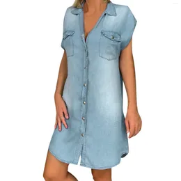 Casual Dresses 2024 Summer Shirt For Women Short Sleeve Pocket Elegant Single Breasted Denim Dress Button Jeans Tunic Robe