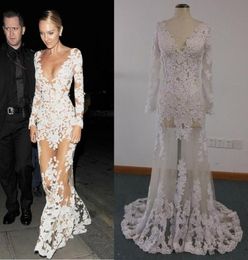 Celebrity Dresses Real Images Sheer candice swanepoel Ivory Lace Appliques over Illusion Nude Tulle Long Sleeve Evening Gowns1591916