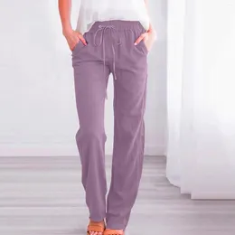 Women's Pants Solid Color Cotton Linen For Women Versatile Casual Wide Leg Female Drawstring Elastic Trousers Lounge