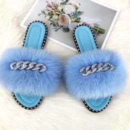 Slippers Summer Rivet Slippers Designer 2021plush Fur Slides Women Rhinestone Blue Rivet Slippers Flip Flops Casual Outdoor Sandals