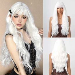 Synthetic Wigs White Curly Wig Long Wavy Synthetic Hair Wig with Bangs White Cosplay Wigs for Women Holiday Party Fake Hair High Temperature 240328 240327