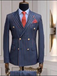 Suits Navy Blue Orange Stripe Double Breasted Design Luxury Brand Suit 2 Pieces Blazer Trousers Men'S Sets Wedding Clothing Party Wear