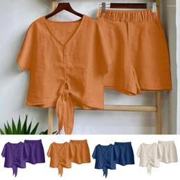 Women's Tracksuits 2Pcs/Set Solid Colour V Neck Women Shirt Shorts Set Lace-up Knot Short Sleeve Casual Daily Top Lady Summer Clothes