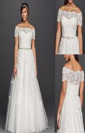 2020 New Modest Lace Wedding Dresses With Bateau Neck Lace Appliques Beaded Sash Short Sleeve Floor Length Garden Bridal Gown8823243