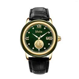 Wristwatches Diella Luxury Dress Watches For Men With Japanese Quartz Movement Men's Classic Wrist Dark Jade Gold And Steel Case