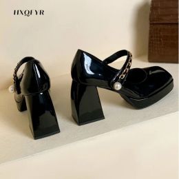 Pumps Super High Root Shoe Female 2021 Summer Retro Mary Jane Square Root Women's Shoes Color Matching Shallow Mouth Beaded High Heels