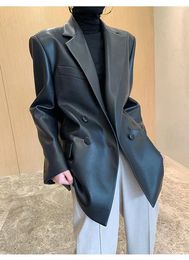 Women's Suits Retro Hong Kong Style Leather Women Suit Jacket 2024 Spring And Autumn Korean Loose High-end Silhouette Pu Top