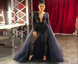 Women Jumpsuits Black Lace Prom Dresses with Detachable Train Sheer Long Sleeves Sequined Formal Evening Gowns Deep V Neck Sexy Pa3414717