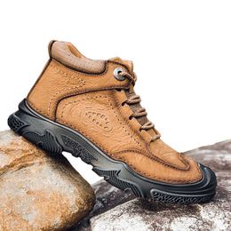 HBP Non-Brand Four Seasons Mens Casual Boots Work Daily Fashion Brown Short Boots High Top Leather Spring and Autumn Outdoor Non-Slip Shoes