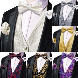 Vests Luxury Silk Mens Vest Tie Bowtie Set Sleeveless Jacket Suit Waistcoat Necktie BHanky Cufflinks Beige Gray Gold Purple Blue Red