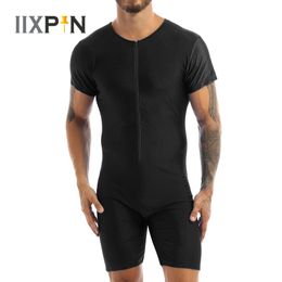 Mens Pyjamas Undershirts Leotard Jumpsuit Male Short Sleeve Front Zipper Elastic Soft Boxer Briefs Bodysuit Swimwear 240318