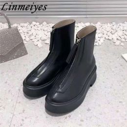 Boots Autumn Winter Thick Sole Knight Boots Women Front Zipper Real Leather Ankle Boots Luxury Quality Motorcycle Boots Female Botas