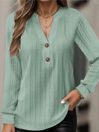 Women's T Shirts Classic Long Sleeved Women 2024 Button V Neck Sleeve Lady Autumn Large Size Blouse Textured Tops 5XL