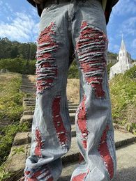 Calças de brim dos homens houzhou y2k rasgado retalhos calças angustiadas homens hip hop punk goth vermelho denim calças masculinas vintage japonês streetwear