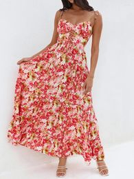 Casual Dresses Women S Boho Floral Print Maxi Dress With Tie-Up Spaghetti Straps Backless And Sleeveless Perfect For Summer Parties Cami