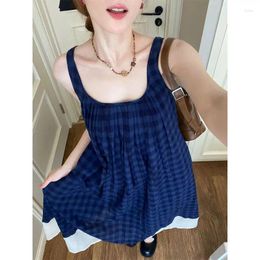 Casual Dresses Korobov French Vintage Robe Blue Plaid Sleeveless Square Collar Dress Women Vestidos Loose Slim Suspenders Y2k