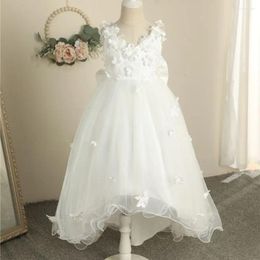 Girl Dresses White Tulle Puffy Flower Dress For Wedding Sleeveless Applique With Bow Kids Birthday Party First Communion Ball Gown