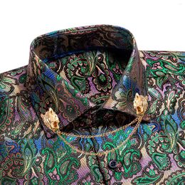 Men's Casual Shirts Novelty Men Silk Shirt Teal Green Purple Brown Long Sleeve Slim Fit Paisley Jacquard For Male Business Party Gifts