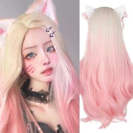 Synthetic Wigs Synthetic Wig Long Wavy Wig Ombre Golden Wig Pink Wig Female Ahri KDA Cosplay Medium Natural Hair High Temperature Fiber Wig 240329