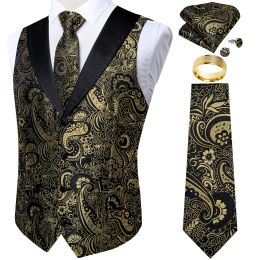 Vests Black Gold Paisly Vest Suit Set 5 PCS Tuxedo Waistcoat Tie Pocket Square Cufflinks Ring For Wedding Men's Blazer Vests Clothing